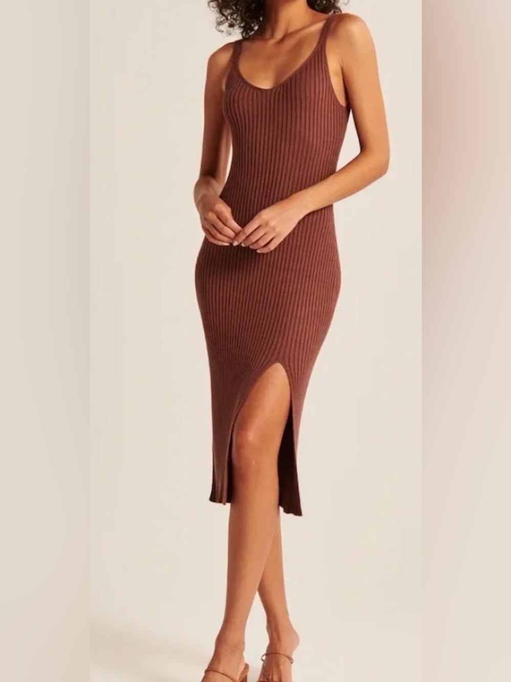 Abercrombie & Fitch Brown Ribbed Midi Dress with Side Slit